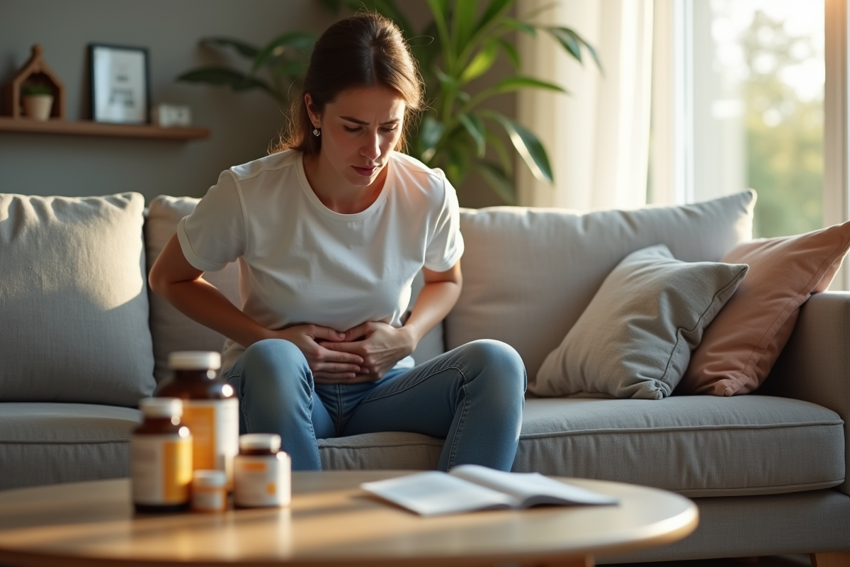 Jeune adulte souffrant de mal de ventre avec compléments