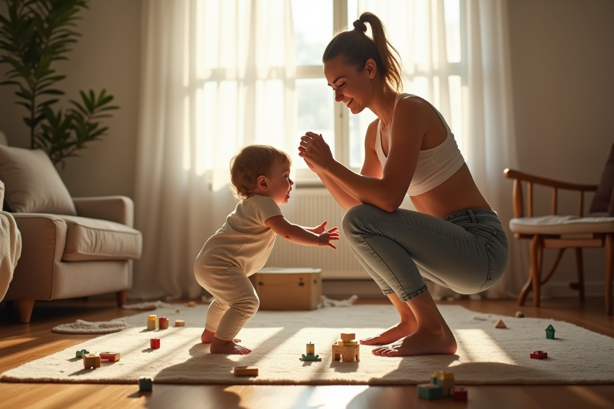 Maman faisant des squats avec son enfant dans le salon en matinée