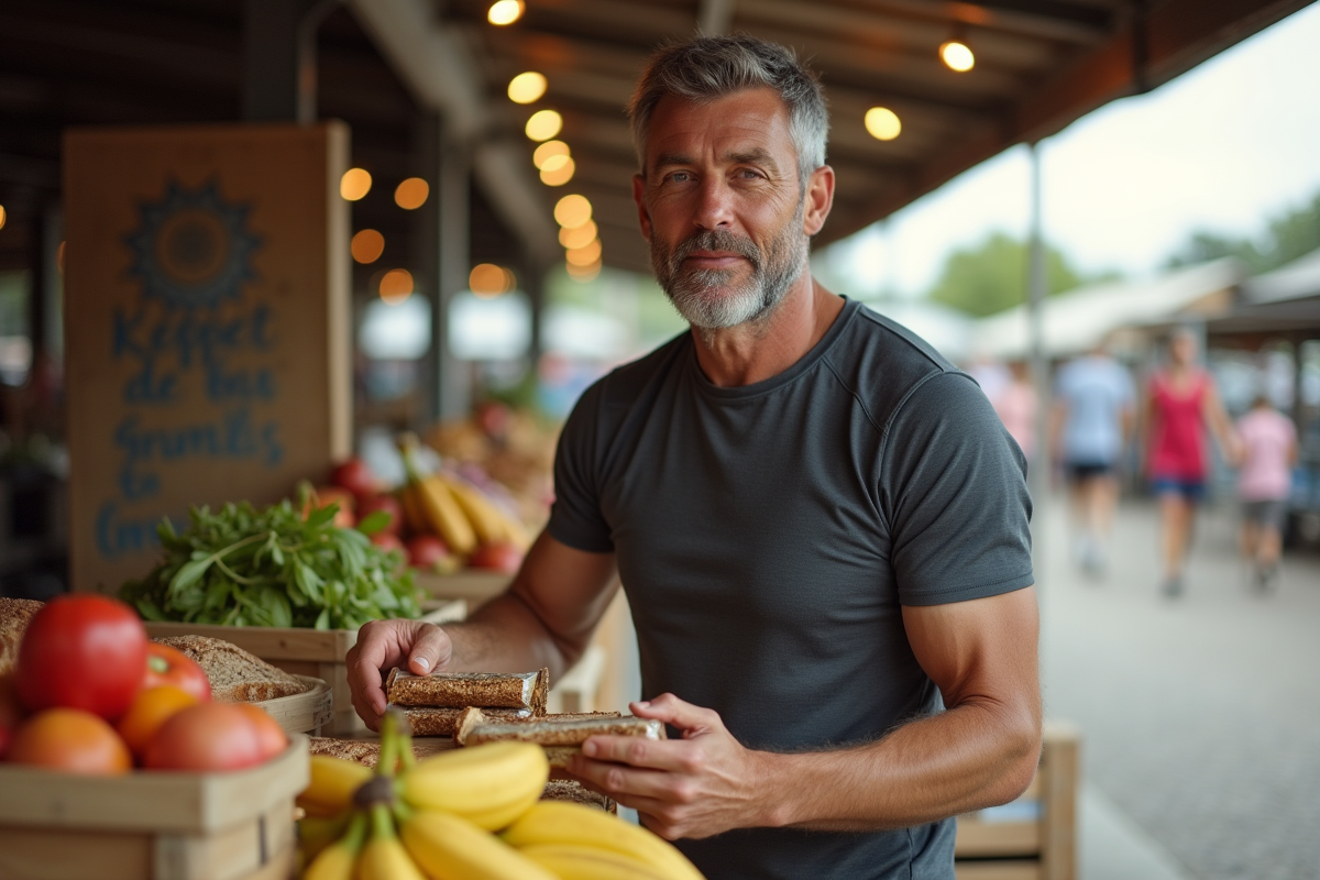 Homme au marché compare bananes pain complet et barres énergétiques