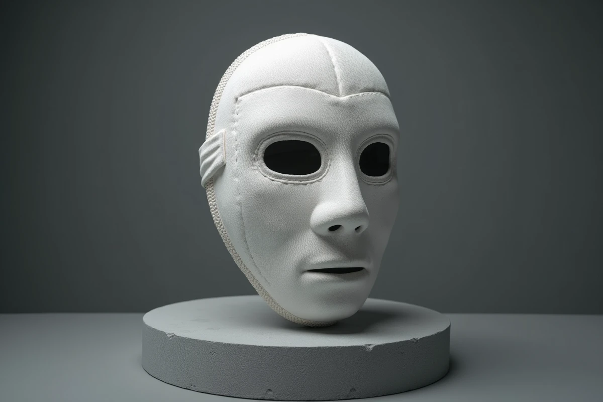Masque de catch blanc posé sur un socle en béton révélant les détails et l'anonymat du catcheur