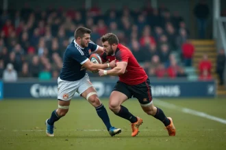 Action de jeu lors d'un match de Fédérale 2 rugby, plaquage entre deux joueurs en maillots de clubs amateurs sur un terrain herbeux