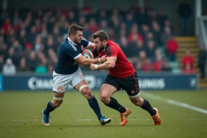 Action de jeu lors d'un match de Fédérale 2 rugby, plaquage entre deux joueurs en maillots de clubs amateurs sur un terrain herbeux