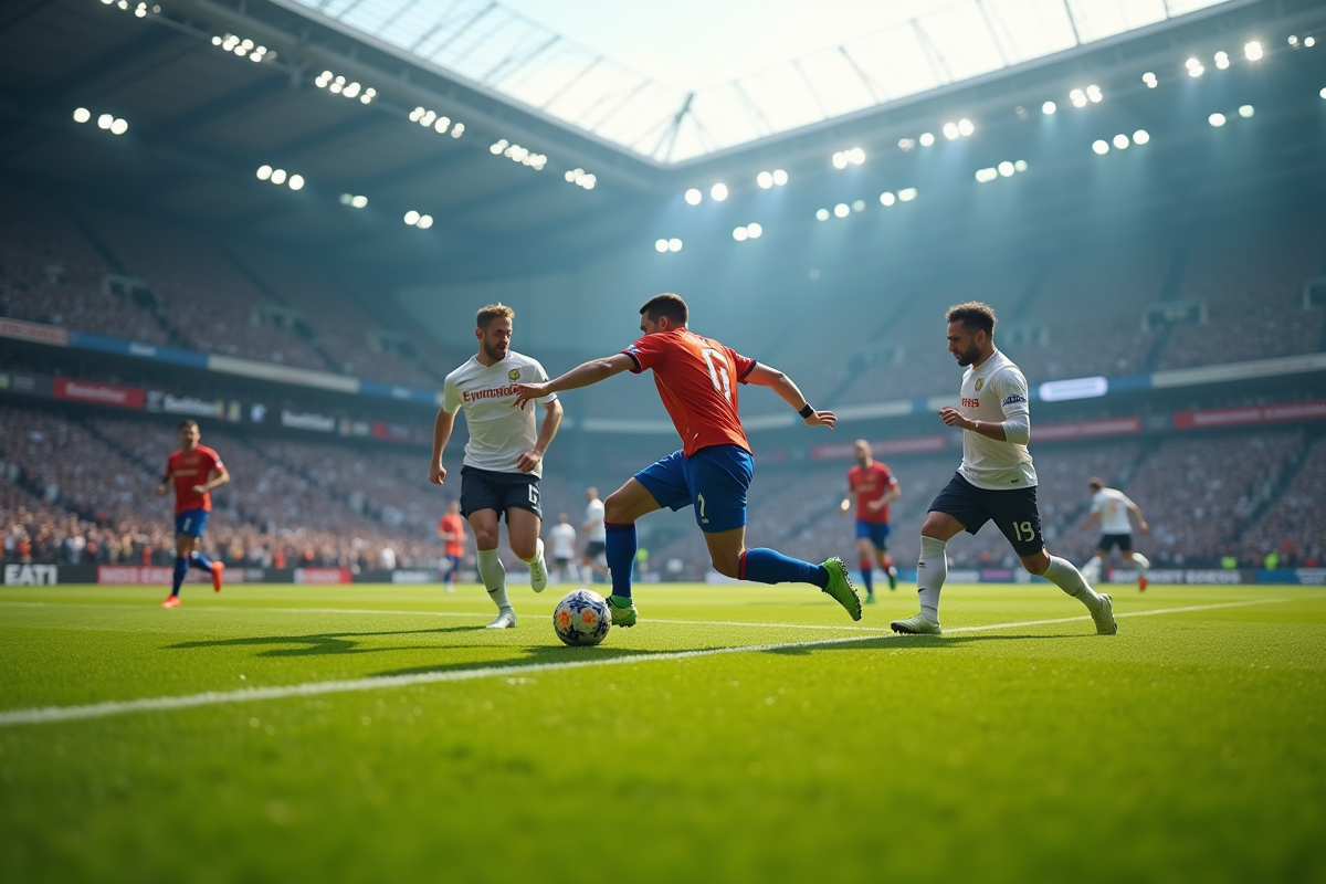 Match de football intense dans un stade bondé en plein jour