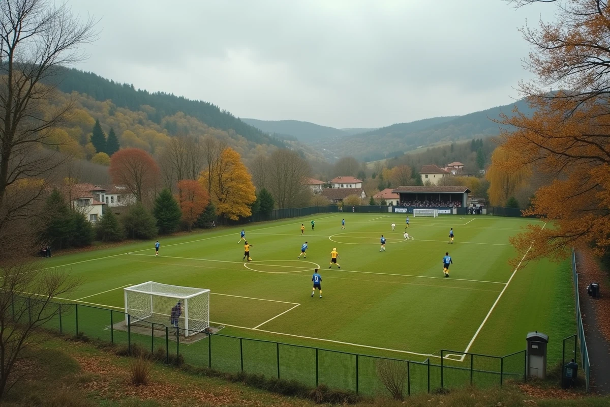 Match de football en district dans un village de l'Ardèche en automne avec paysage de collines et supporters locaux