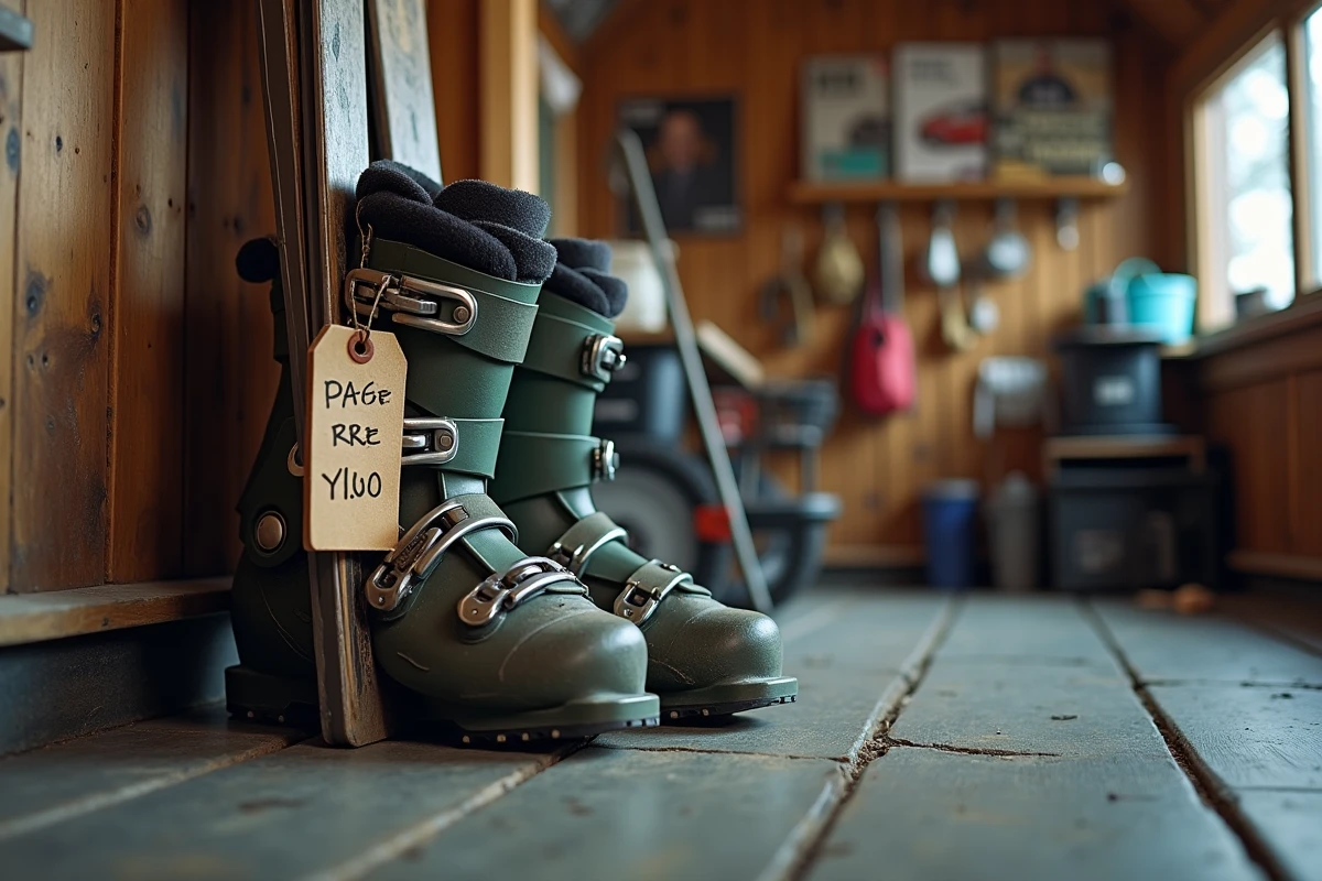 Chaussures et skis de location usés avec étiquette de prix bas accrochée dans un magasin de montagne, illustrant les risques du matériel bon marché