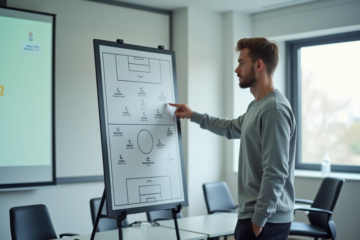 Joueur de football analysant un tableau tactique dans une salle de réunion d'un club professionnel, atmosphère documentaire sportive