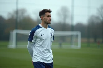 Joueur de football français en tenue d'entraînement sur un terrain de gazon naturel, regard déterminé, ambiance reportage sportif