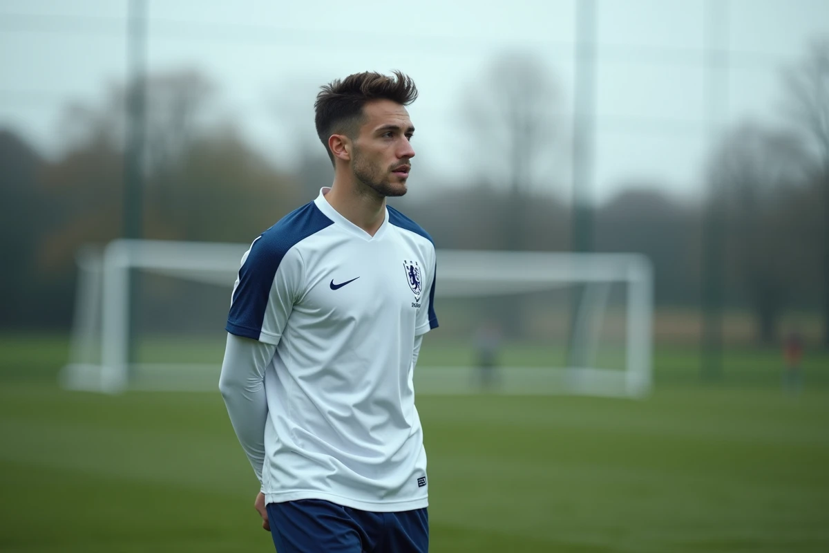 Joueur de football français en tenue d'entraînement sur un terrain de gazon naturel, regard déterminé, ambiance reportage sportif