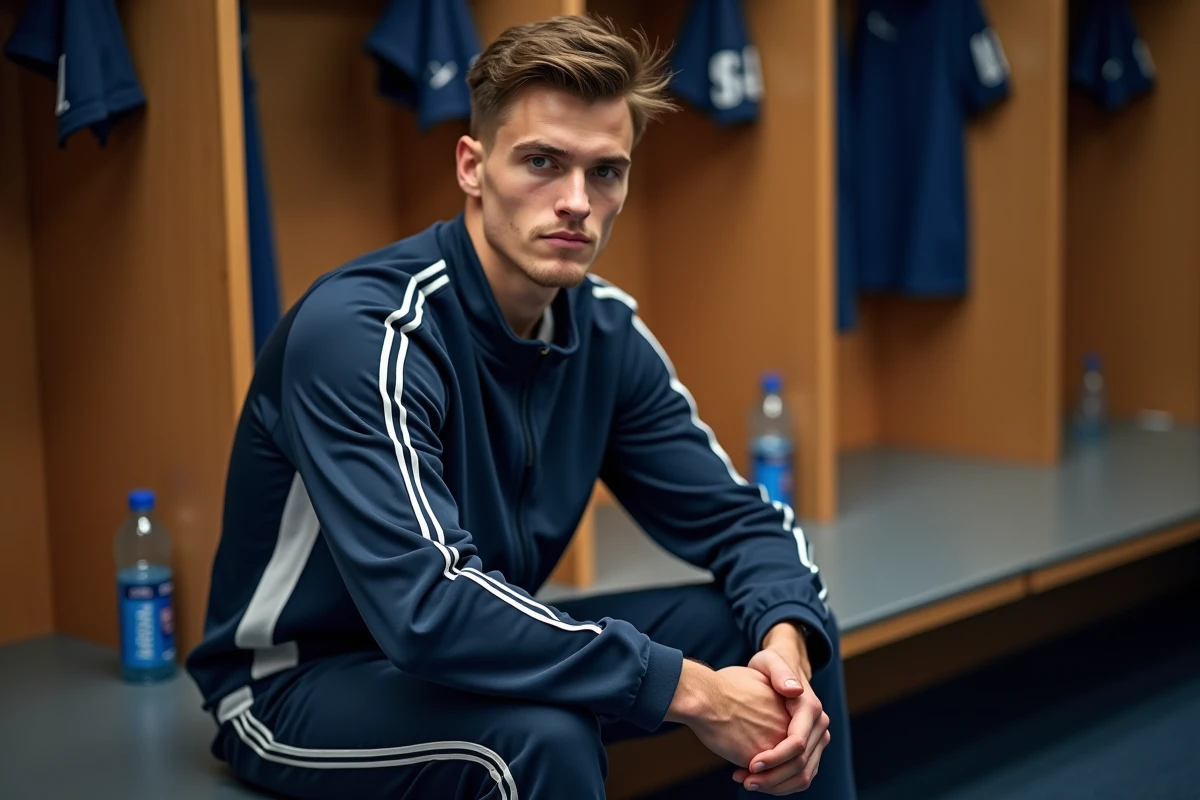 Joueur de football professionnel assis dans un vestiaire moderne en survêtement de club, pose détendue et regard introspectif