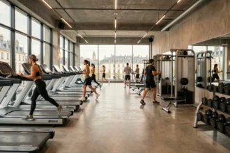 Vue intérieure d'une salle de sport moderne en Meurthe-et-Moselle avec équipements de fitness