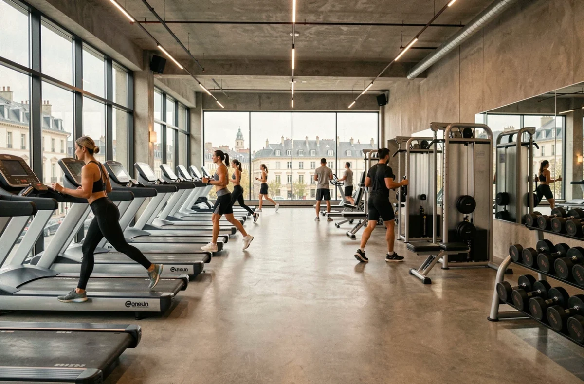 Vue intérieure d'une salle de sport moderne en Meurthe-et-Moselle avec équipements de fitness