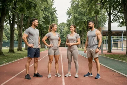 Groupe de coachs sportifs professionnels en Meurthe-et-Moselle réunis sur une piste d'athlétisme