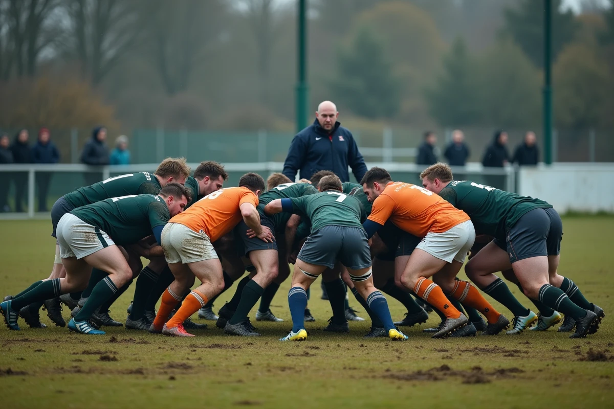 Mêlée fermée disputée lors d'une rencontre de Rugby Fédérale 2 Poule 4 en province