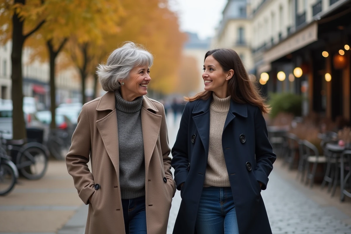 Mère et fille marchant ensemble sur un trottoir parisien en automne, illustrant la complicité entre générations