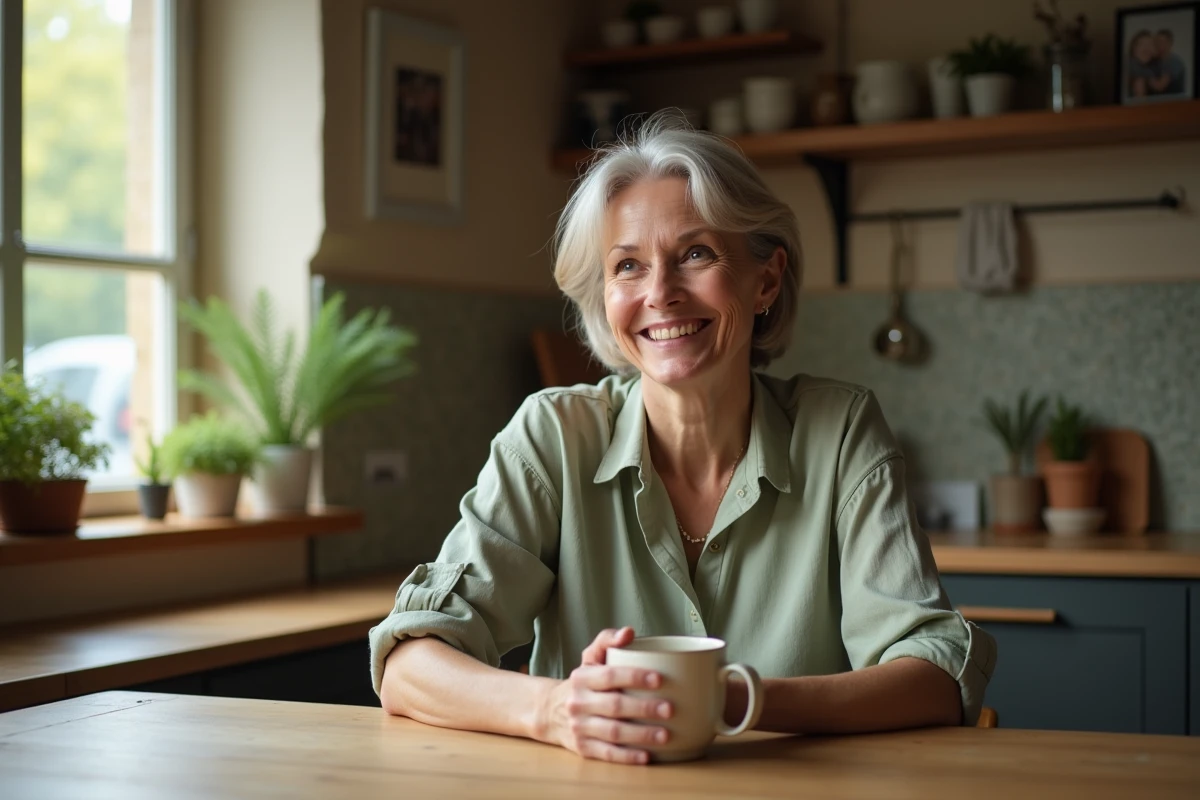Mère de Zoé Grospiron assise dans sa cuisine, tenant une tasse de café avec une expression bienveillante et réfléchie