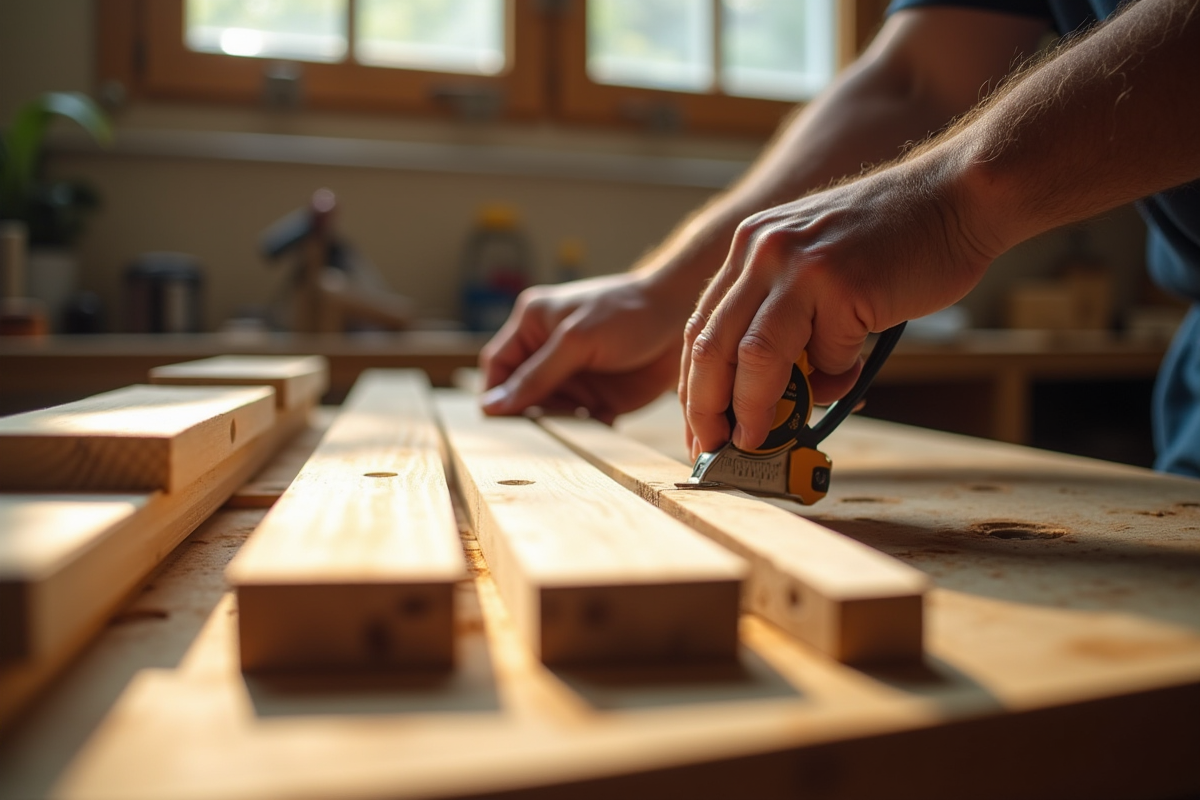 Mesure de planches en bois dans un atelier lumineux
