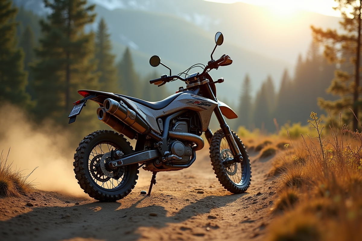 Moto enduro en montagne sur un sentier poussiereux