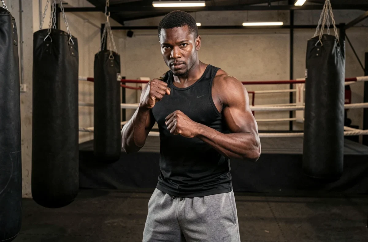Coach Niang en position de boxe dans une salle de sport en Meurthe-et-Moselle