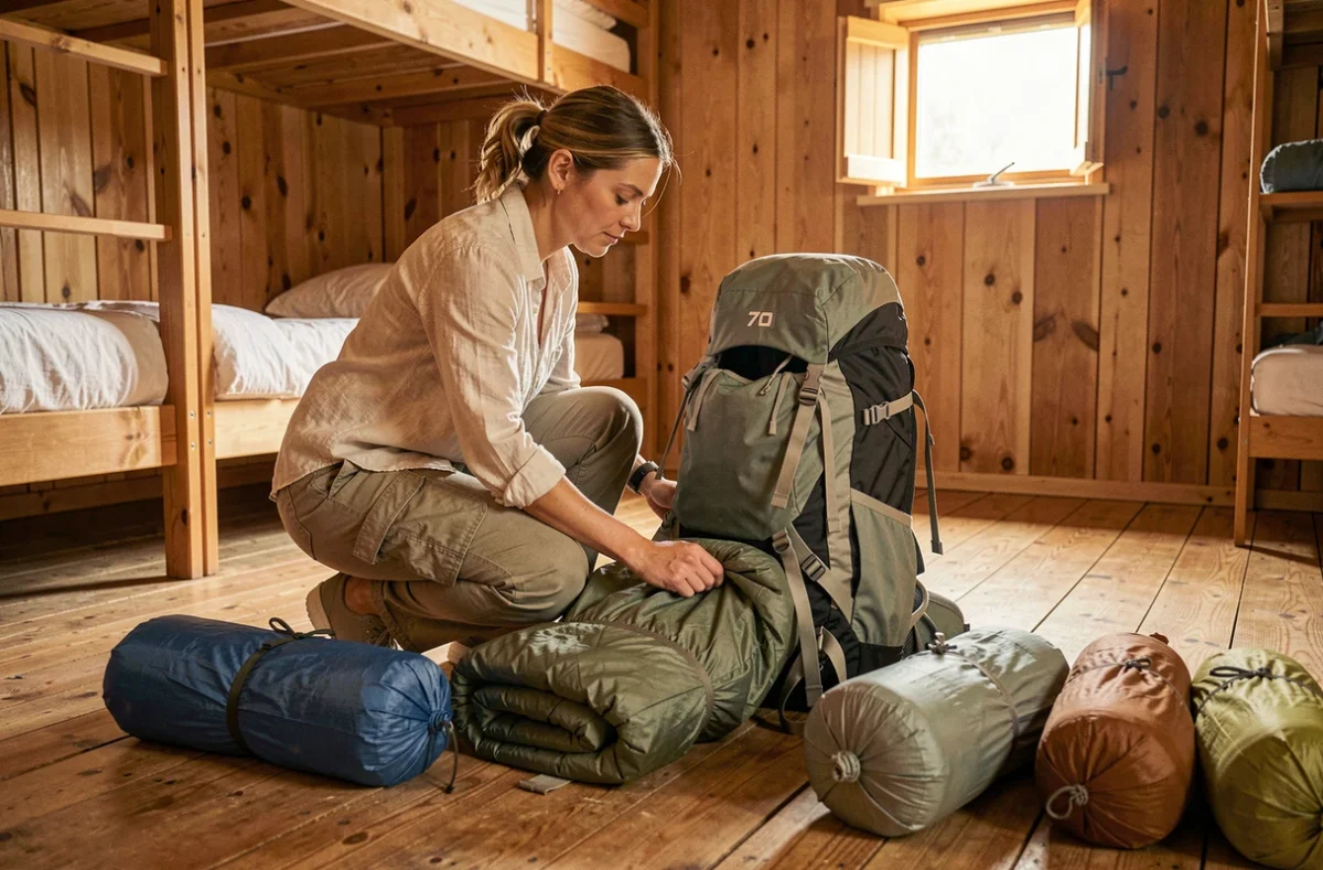 Femme organisateur son sac 70L avant un départ en randonnée dans un dortoir d'auberge de jeunesse