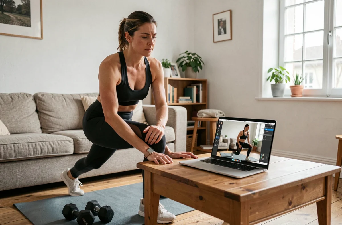 Femme réalisant une séance de coaching sportif à domicile via la plateforme Ownsport à Caen, avec un coach en visio