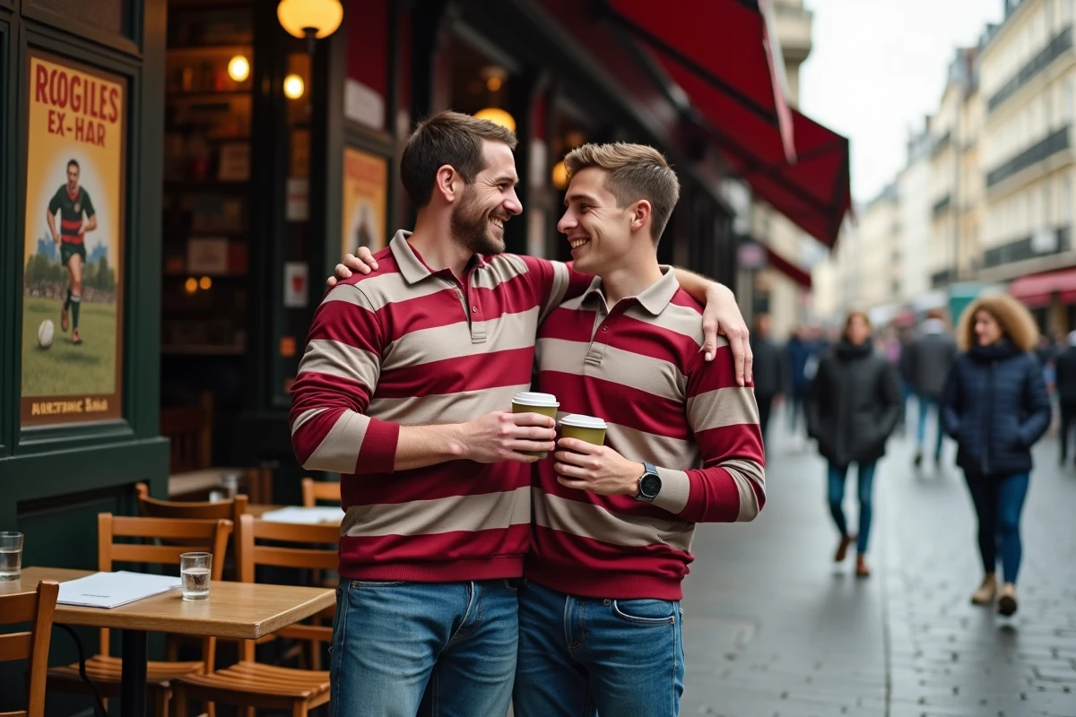 Père et fils en rugby devant un café parisien