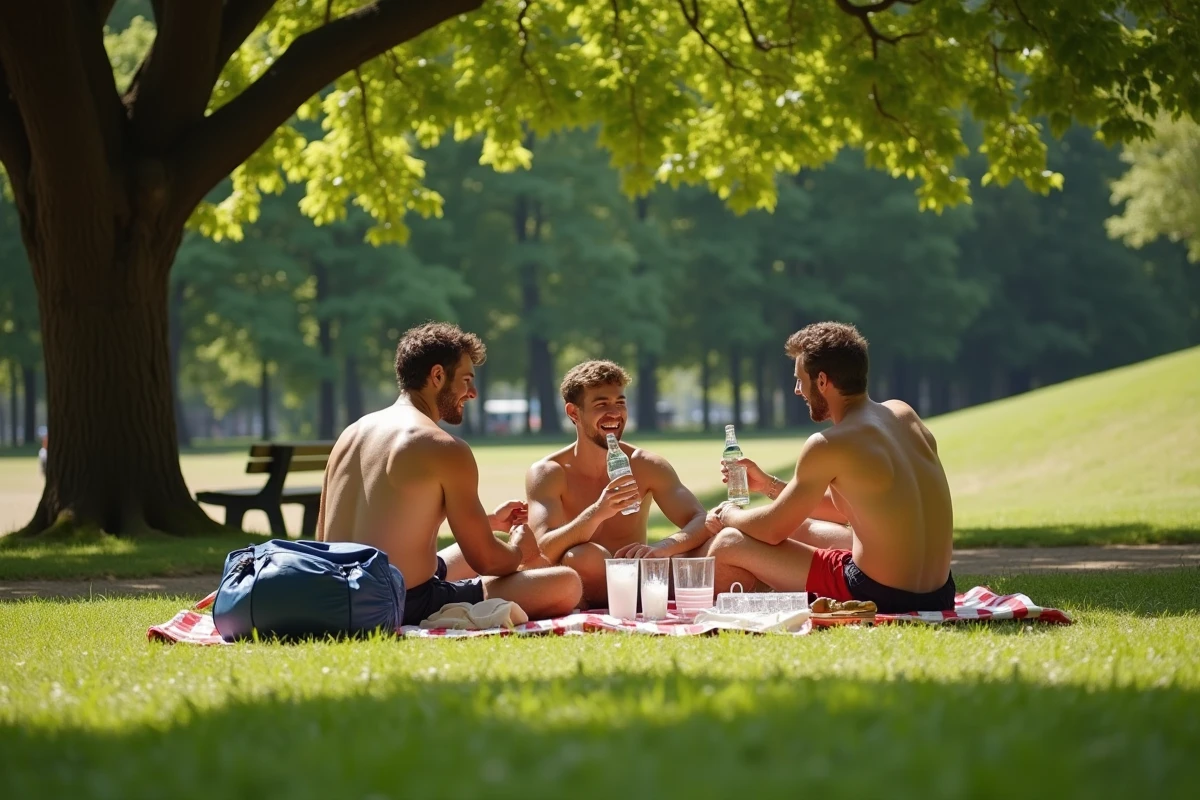 Groupe d'adultes se détendant dans le parc de la Butte aux Cailles après ne pas avoir pu accéder à la piscine