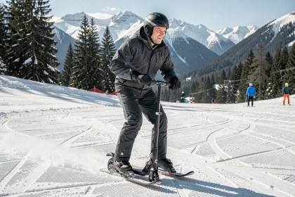 Adulte testant une patinette ski sur une piste de montagne enneigée lors d'une session en station