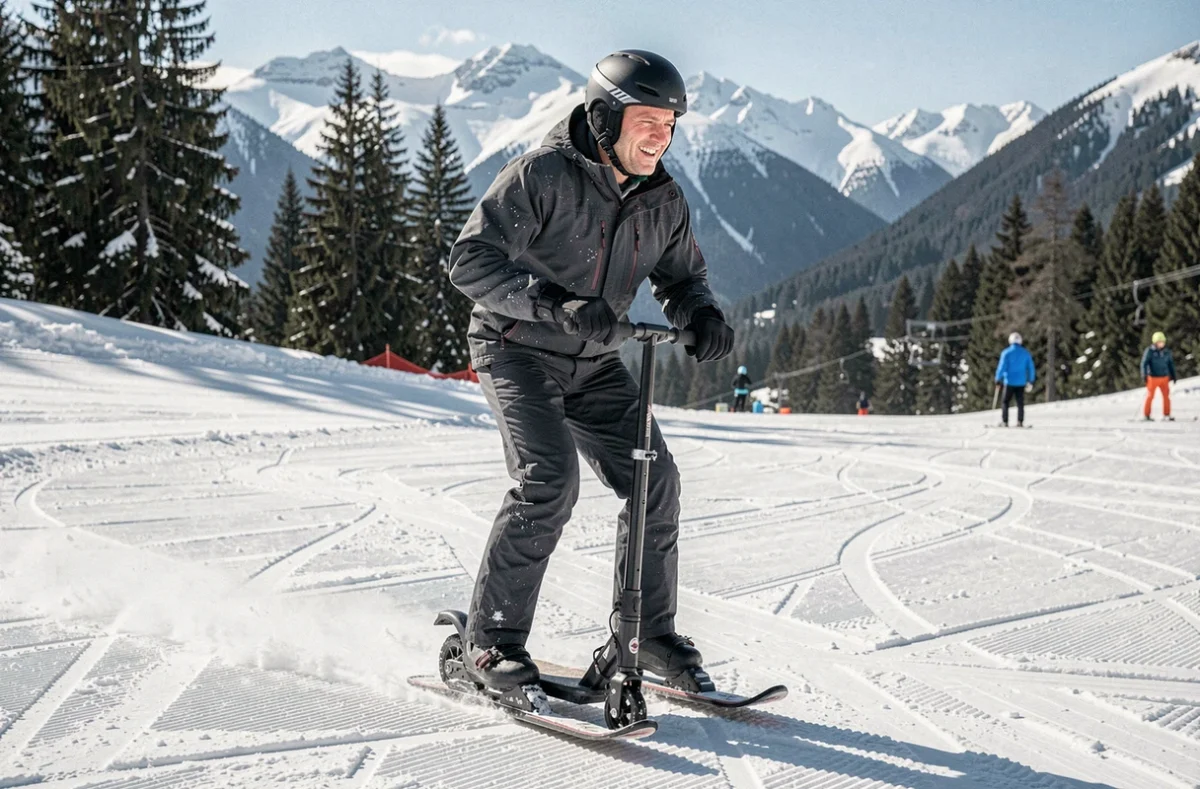 Adulte testant une patinette ski sur une piste de montagne enneigée lors d'une session en station