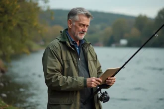 Homme d'âge moyen avec permis de pêche au bord de la rivière