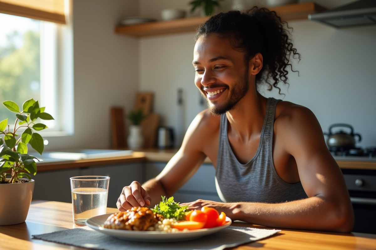Personne sportive mangeant un repas sain après sport