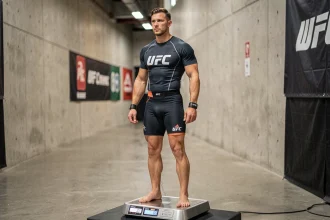 Combattant UFC masculin sur une balance officielle lors de la pesée avant un combat, en coulisses d'une arène