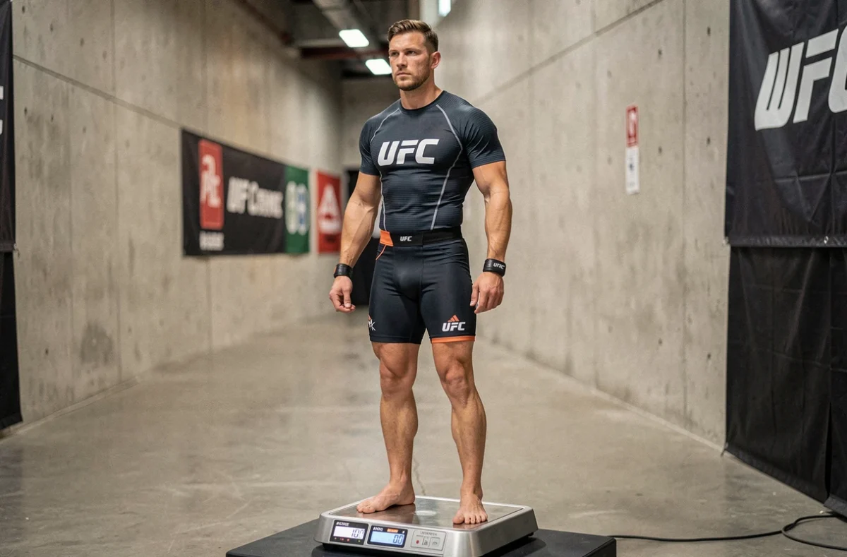 Combattant UFC masculin sur une balance officielle lors de la pesée avant un combat, en coulisses d'une arène