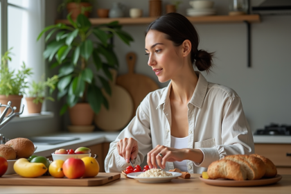 Femme préparant un petit déjeuner équilibré dans une cuisine moderne