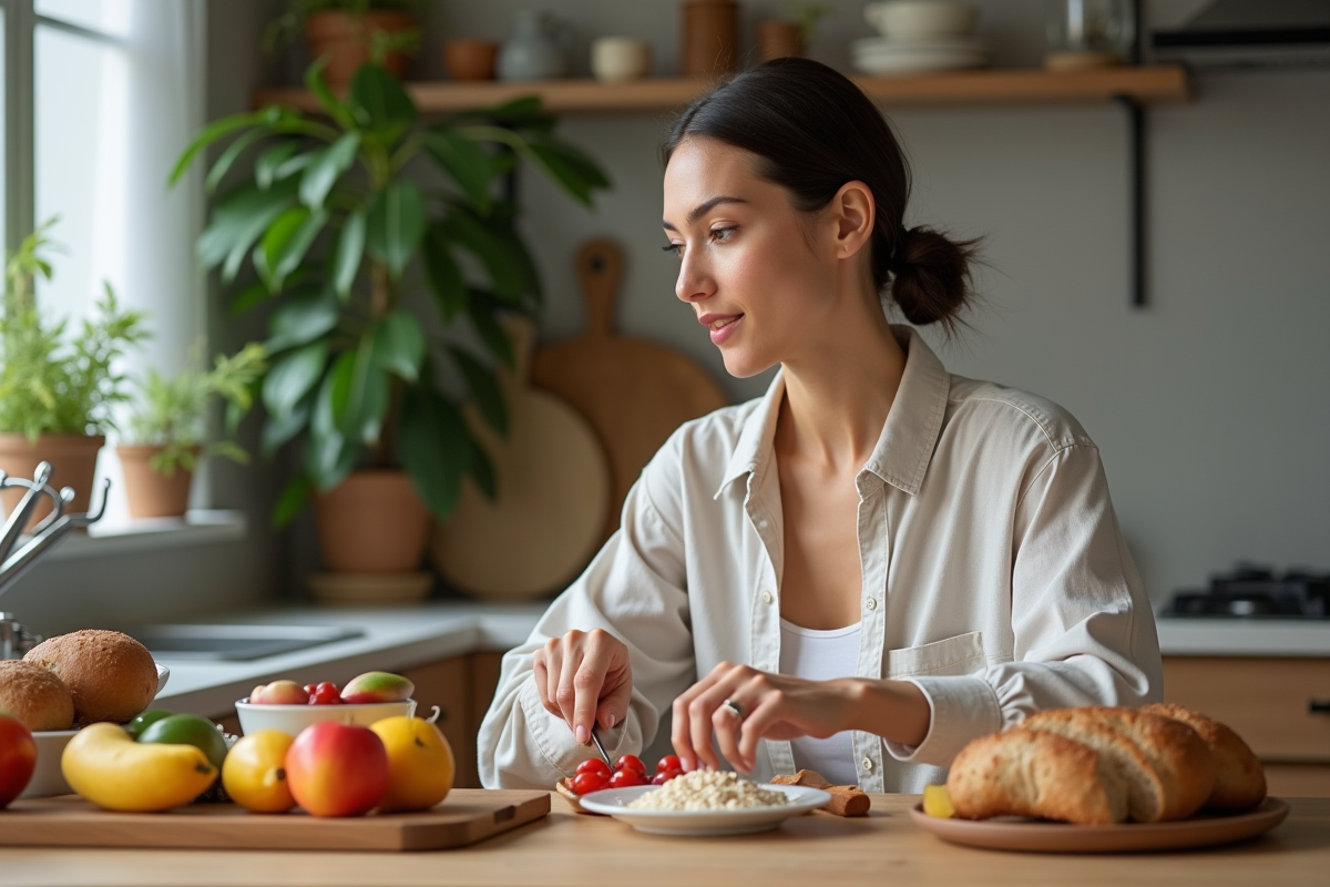 Femme préparant un petit déjeuner équilibré dans une cuisine moderne