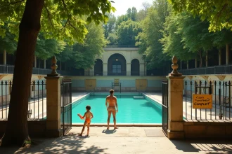 Entrée de la piscine de la Butte aux Cailles à Paris avec panneau complet et visiteurs déçus en été