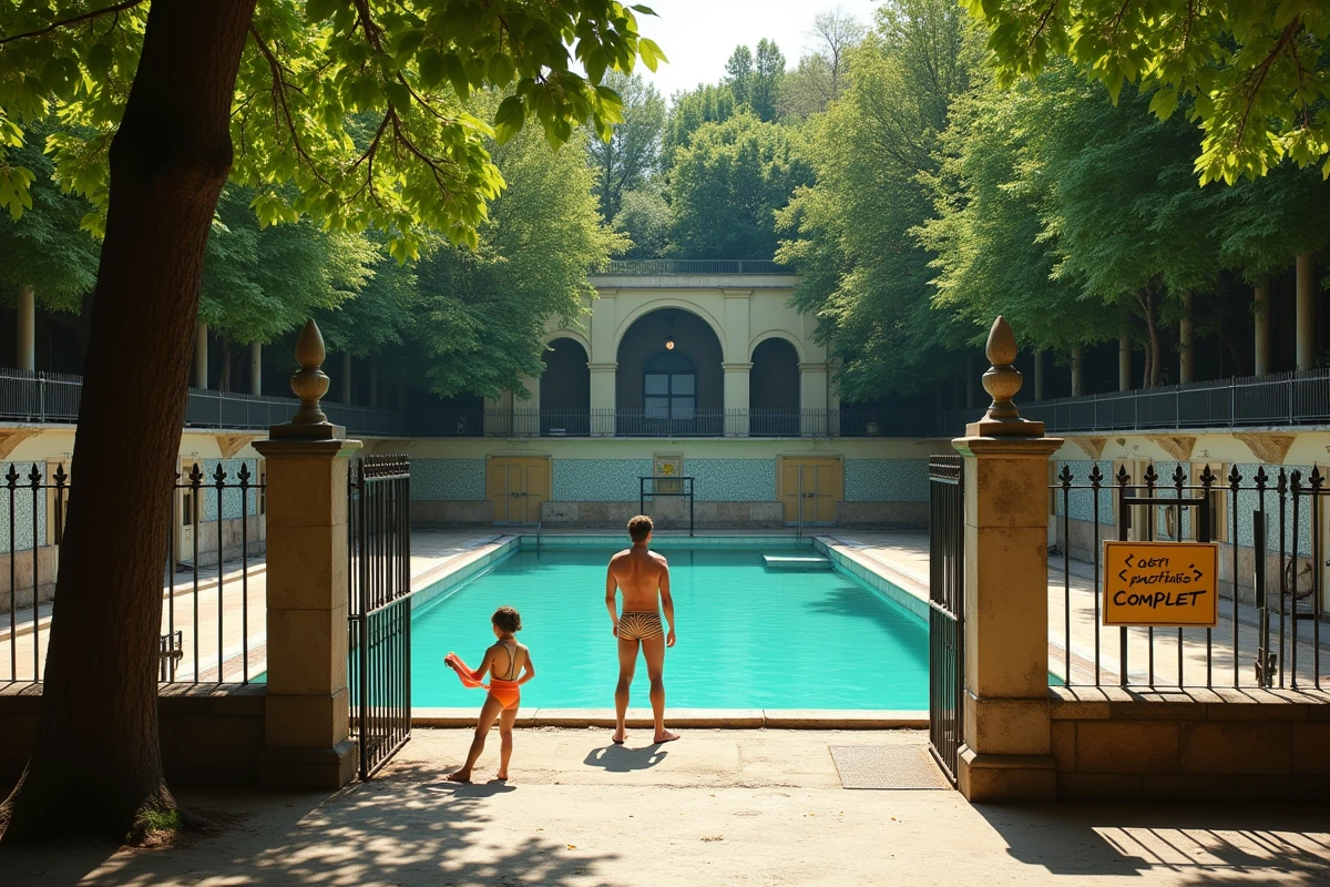 Entrée de la piscine de la Butte aux Cailles à Paris avec panneau complet et visiteurs déçus en été