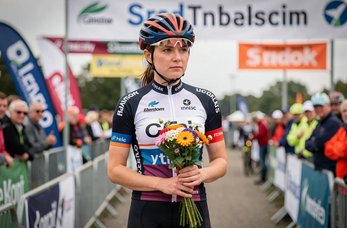 Cycliste féminine professionnelle sur le podium avec une expression pensive, symbolisant les inégalités salariales dans le cyclisme
