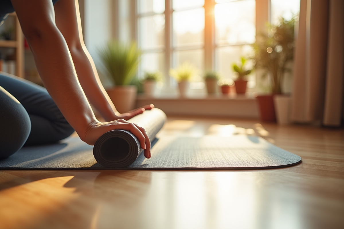 Mains d'une personne déroulant un tapis de yoga sur un sol en bois