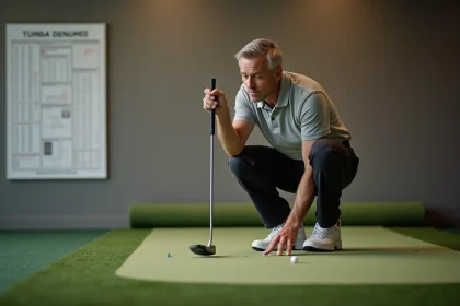 Golfeur en position de lecture de putt sur green d'entraînement intérieur, analysant la ligne avant de frapper