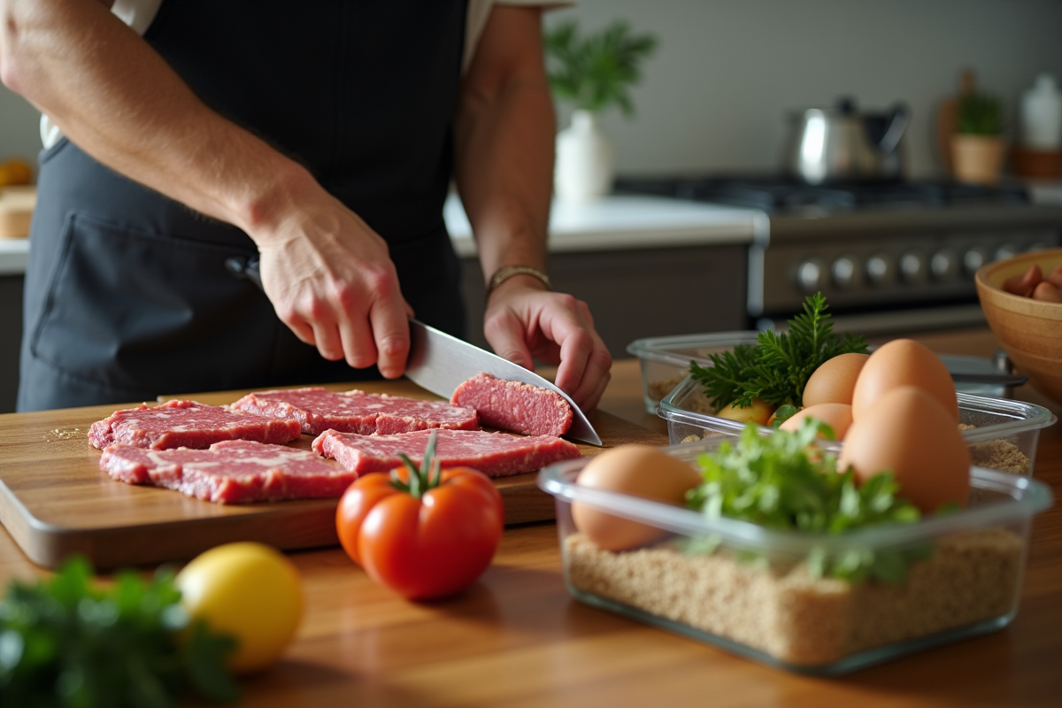 Homme préparant un repas riche en protéines à la cuisine