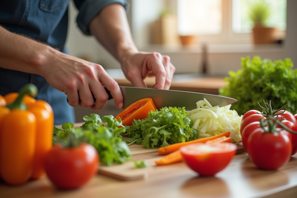 Mains coupant des légumes frais pour une salade dans une cuisine moderne
