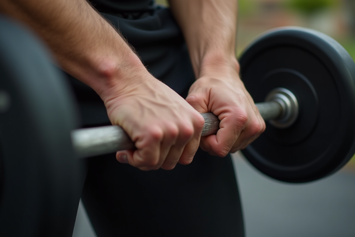 Mains fortes tenant une barre avec tension musculaire visible
