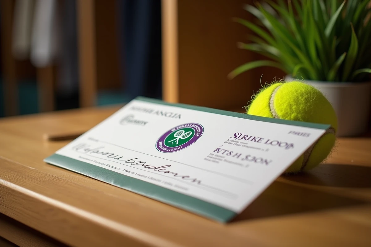 Chèque de prize money Wimbledon posé sur une table en bois avec une balle de tennis officielle