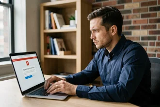 Un homme frustré face à un message d'erreur de mot de passe sur son ordinateur portable dans un bureau à domicile