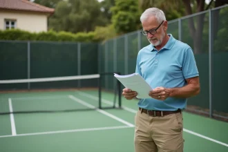 Propriétaire examinant un permis de construire sur son terrain de padel privé installé dans son jardin