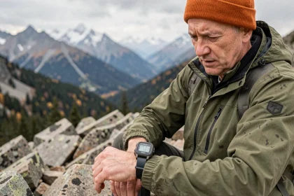 Randonneur consulant sa montre GPS sur une crête alpine rocheuse avec vue sur des sommets enneigés