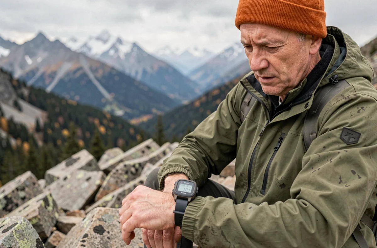 Randonneur consulant sa montre GPS sur une crête alpine rocheuse avec vue sur des sommets enneigés