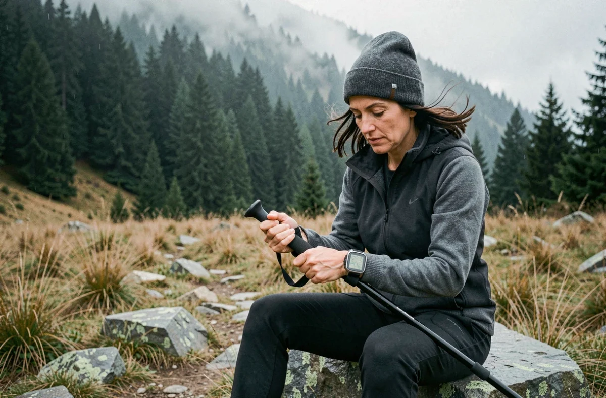 Randonneuse assise sur un rocher en montagne regardant l'écran cartographique de sa montre GPS