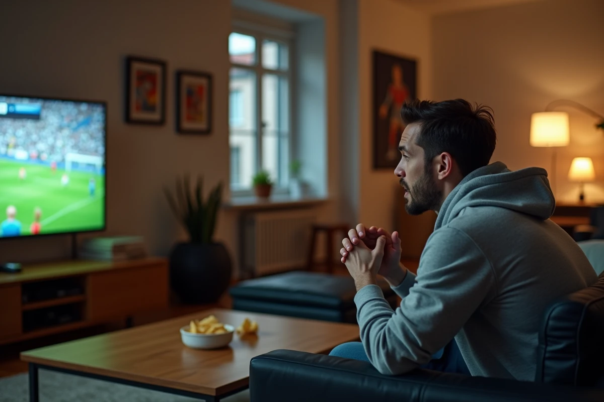 Homme regardant un match de foot en streaming sur sa télévision dans son salon sans coupures