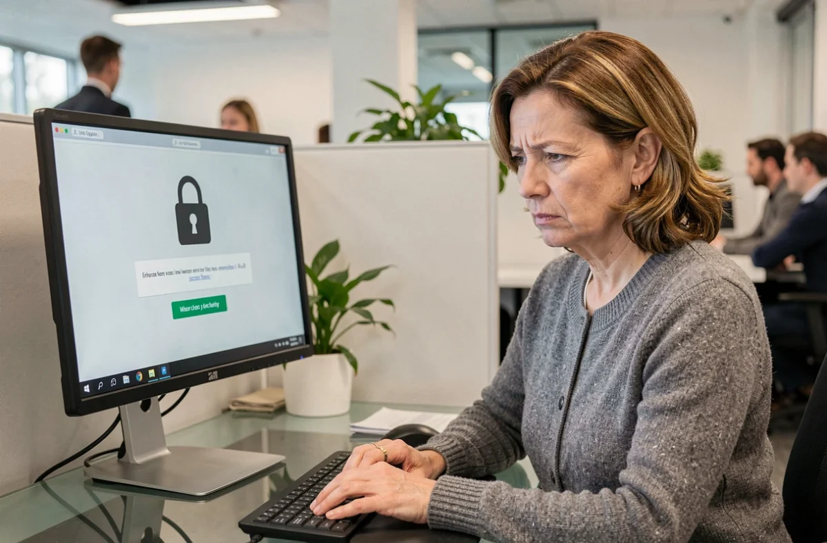 Une femme en entreprise confrontée à un écran de connexion bloqué nécessitant une réinitialisation de mot de passe